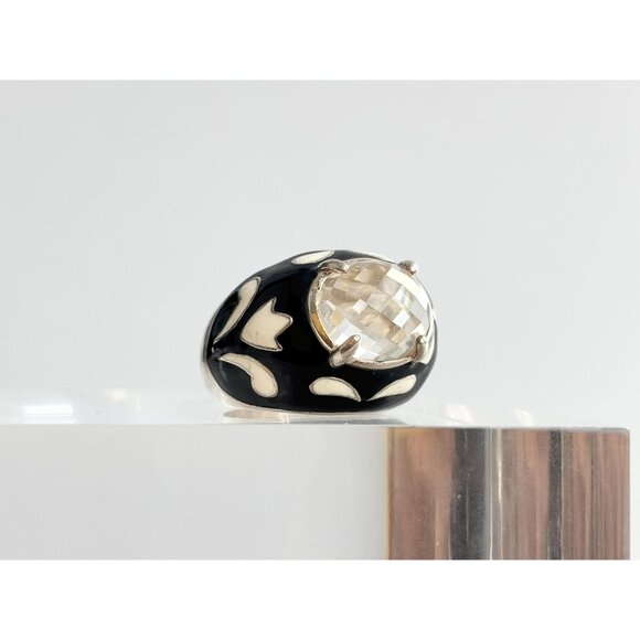 Black & White Enameled Domed Rhinestone Sterling Silver Vintage Ring - sz 5.75 - Picture 7 of 10